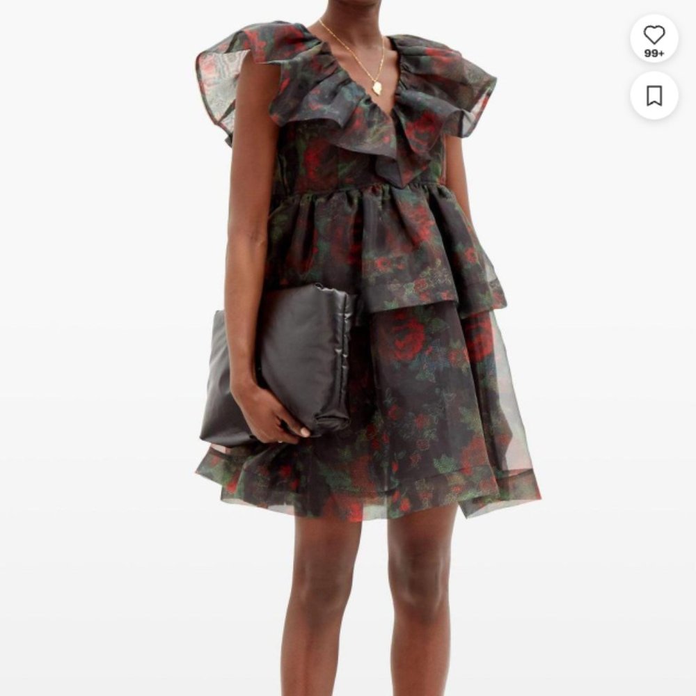 Tiered Rose-Print Organza Dress - Black Red | Size: M | US 6 | UK36 - Picture 2 of 11